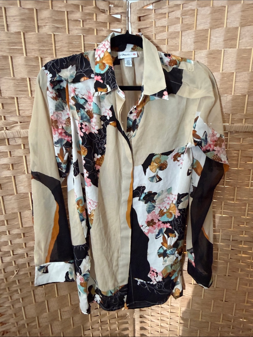3.1 Phillip Lim for Target Beige, Black & Pink Floral Panel Button-Down Shirt